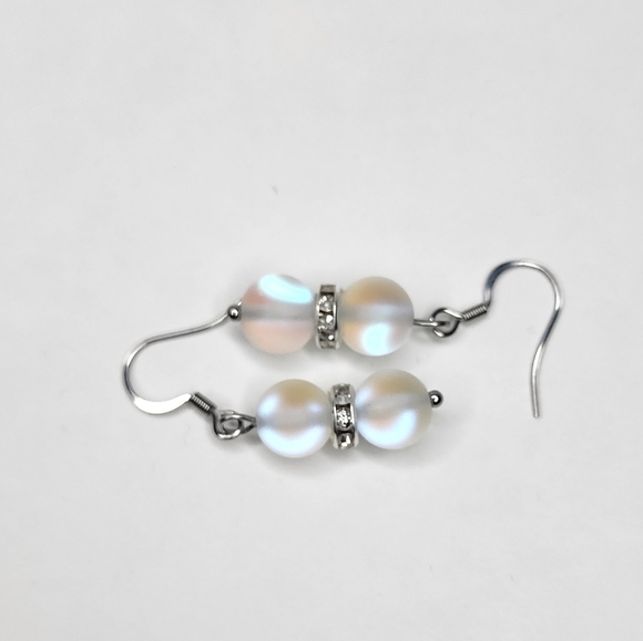 Matte White Blue Flash Holographic Mermaid Beads French Hook Earrings Beautiful - Picture 3 of 6